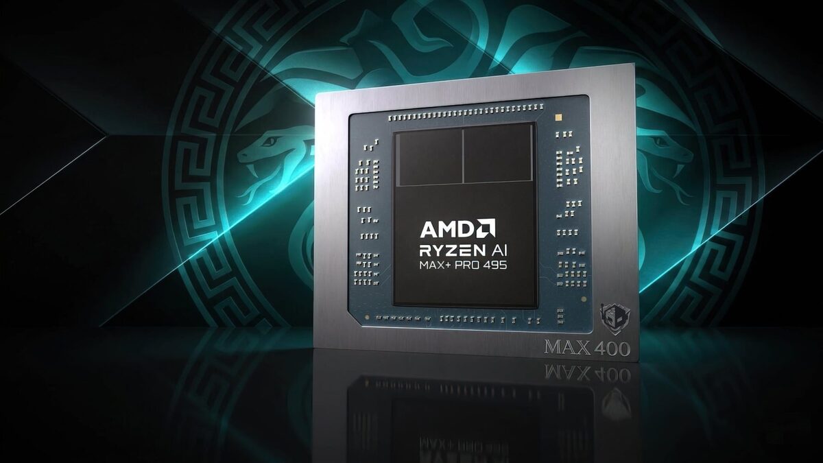Render of an AMD Ryzen AI Max+ 495 'Gorgon Halo' APU package, surrounded by labels for the Radeon 8065S integrated GPU and the chip's memory configuration.