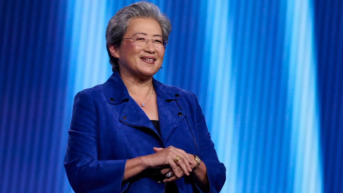 AMD CEO Lisa Su on stage at CES 2026, presenting AI accelerator products