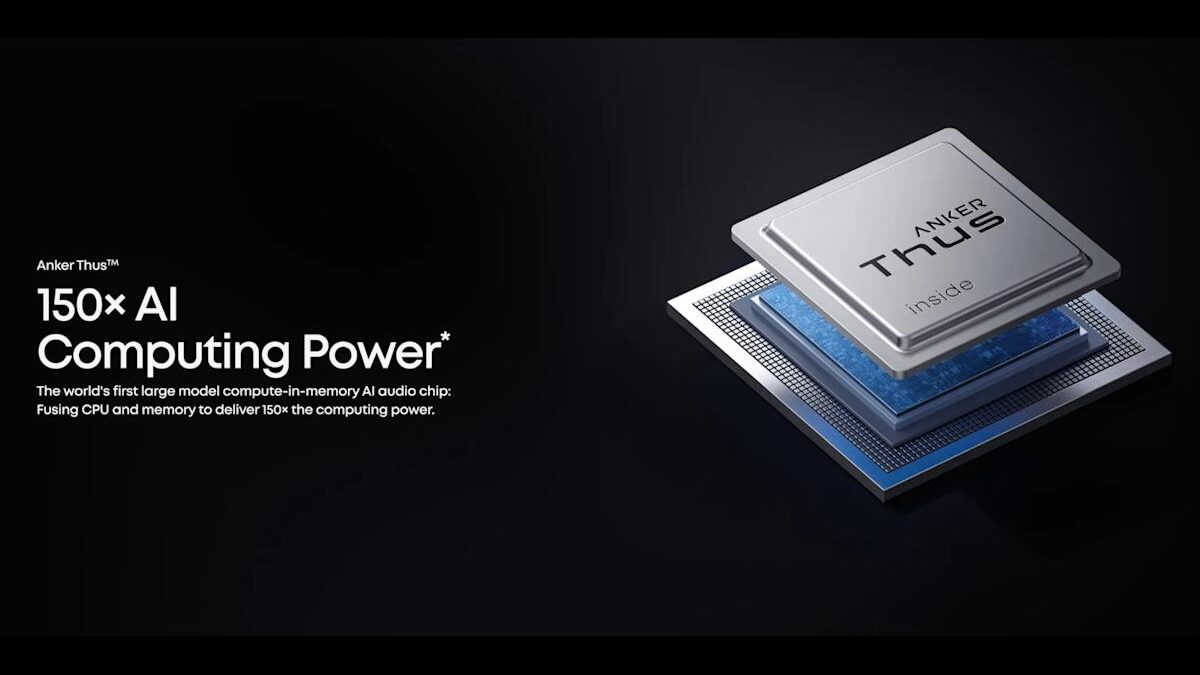 Render of Anker's Thus chip alongside a pair of Soundcore earbuds.