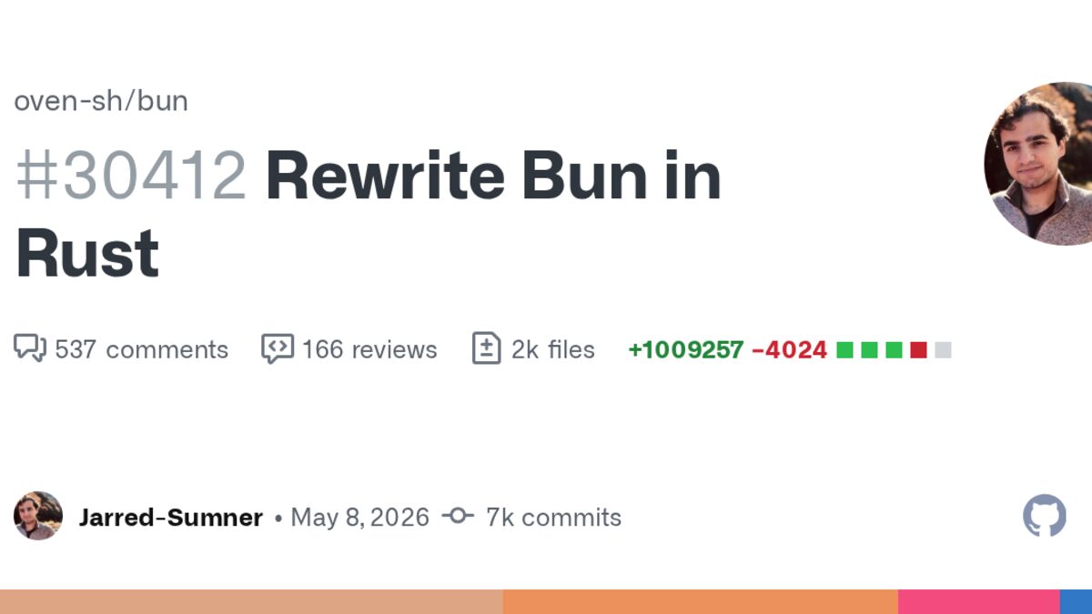 GitHub Open Graph card for oven-sh/bun pull request #30412, the Rust rewrite merge.