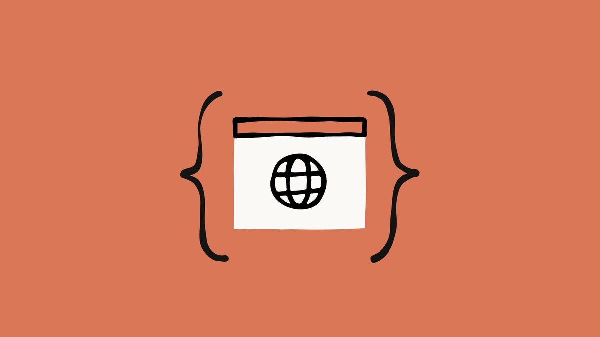 Anthropic's illustrated Claude Code card: a browser window drawn in black ink inside curly braces on a burnt-orange background