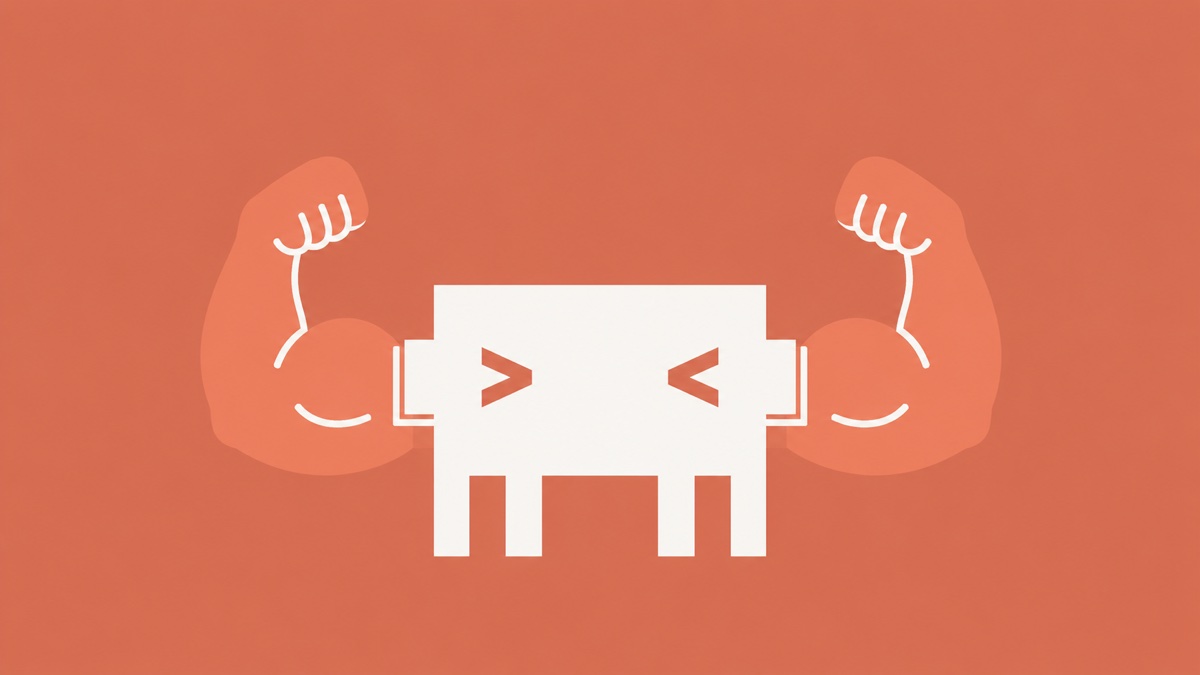 Cartoon Claude Code terminal flexing two muscular arms against a terracotta background