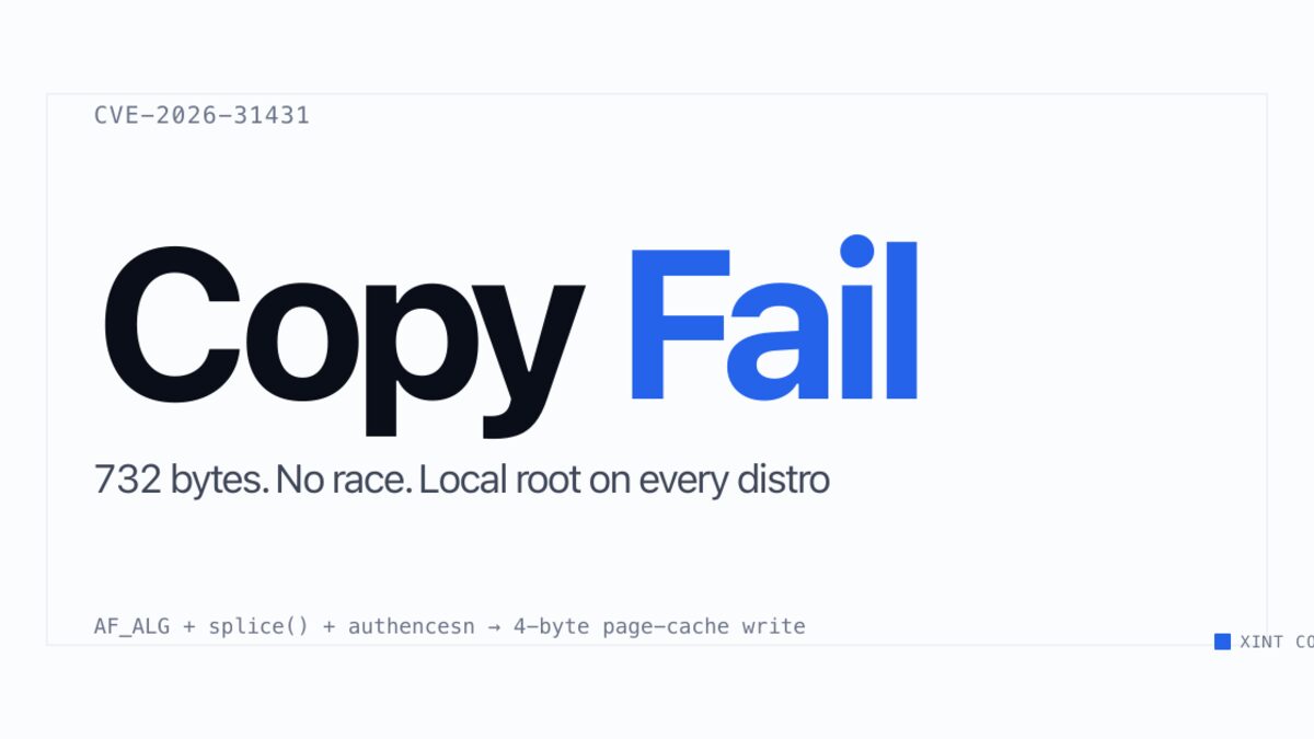 The Copy Fail launch graphic showing a stylized terminal prompt and the title text on a dark background.