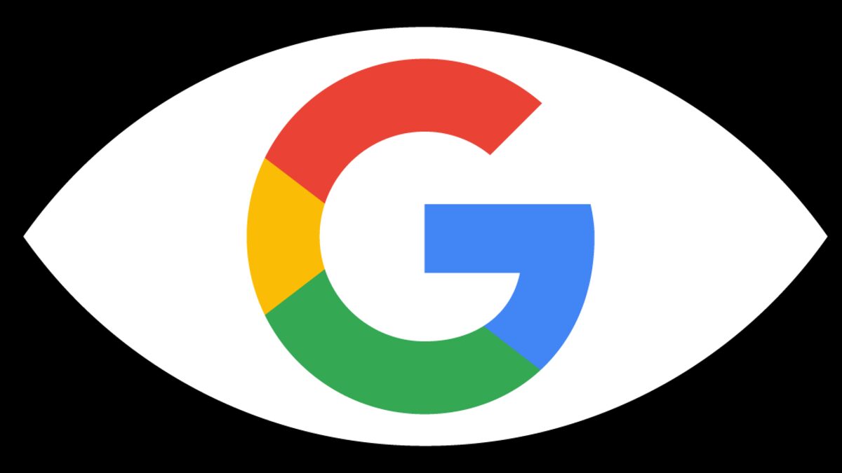 Google logo with a stylized eye, illustrating digital surveillance themes.