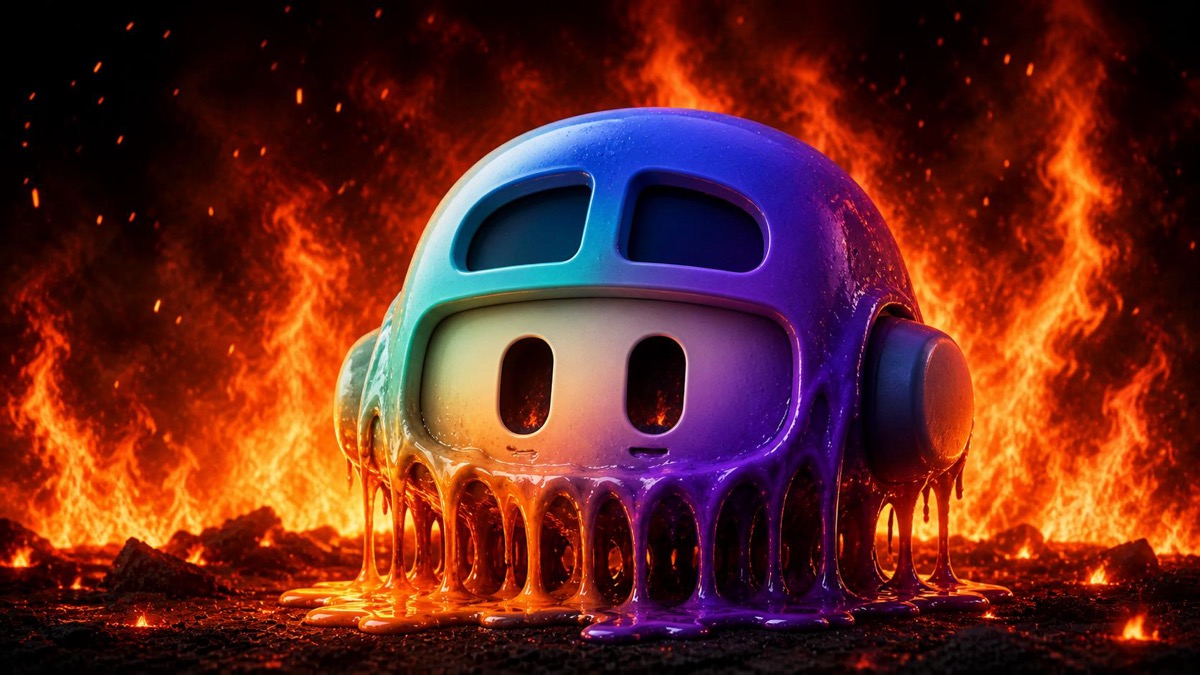 Stylized GitHub Copilot mascot melting into glowing puddles in front of a wall of flames — a visual metaphor for the steep multiplier hike on annual plans.