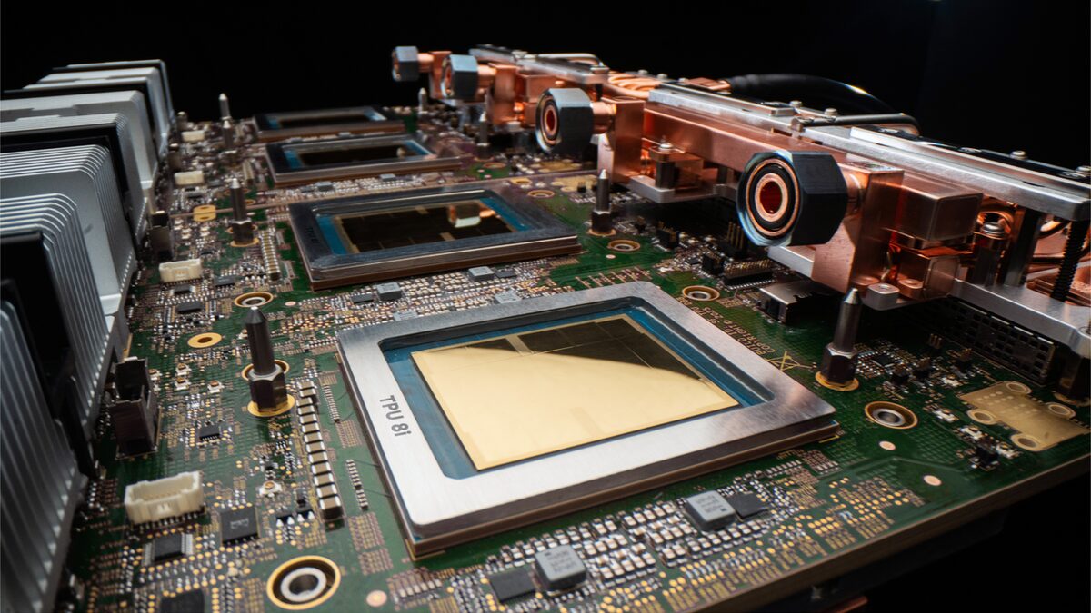 Two Google TPU 8 chips, the 8t training and 8i inference variants, rendered side by side with the Axion branding