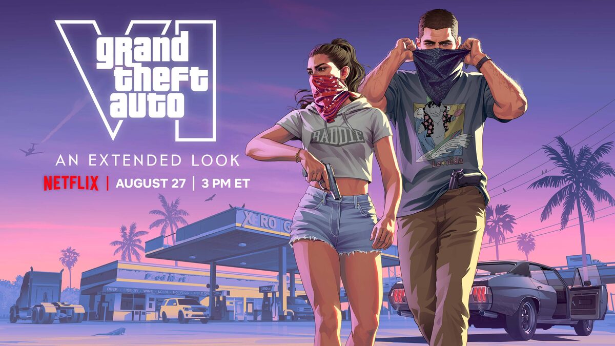 Rockstar's key art for Grand Theft Auto VI: An Extended Look, showing the game's two leads pulling up bandanas outside a gas station at dusk, captioned Netflix, August 27, 3 PM ET.