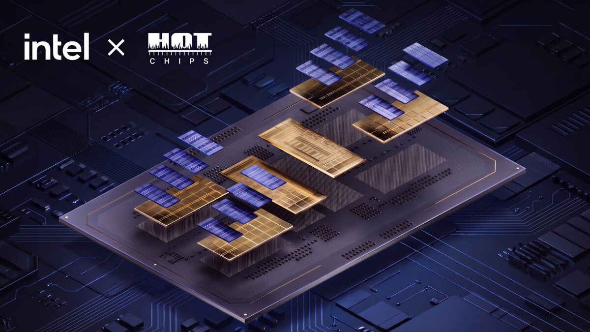 Intel and Hot Chips co-branded render of a multi-chiplet processor package, gold compute tiles and blue memory tiles mounted on a dark substrate
