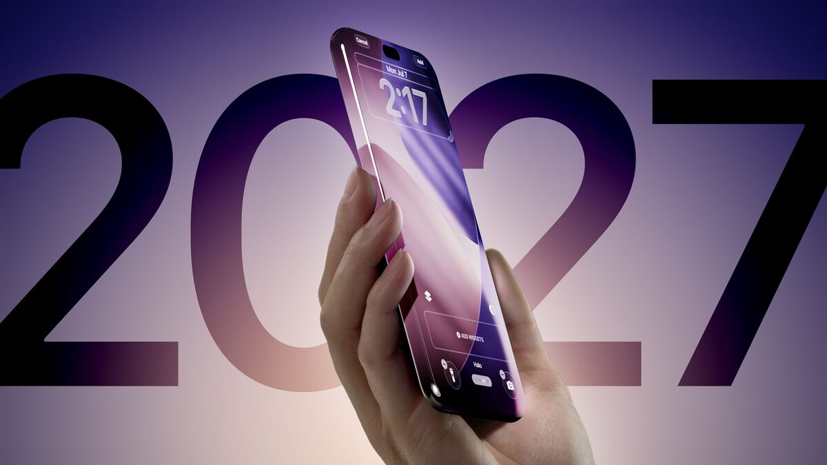 Concept render of a near-bezel-less iPhone with a curved display in a vivid purple finish.