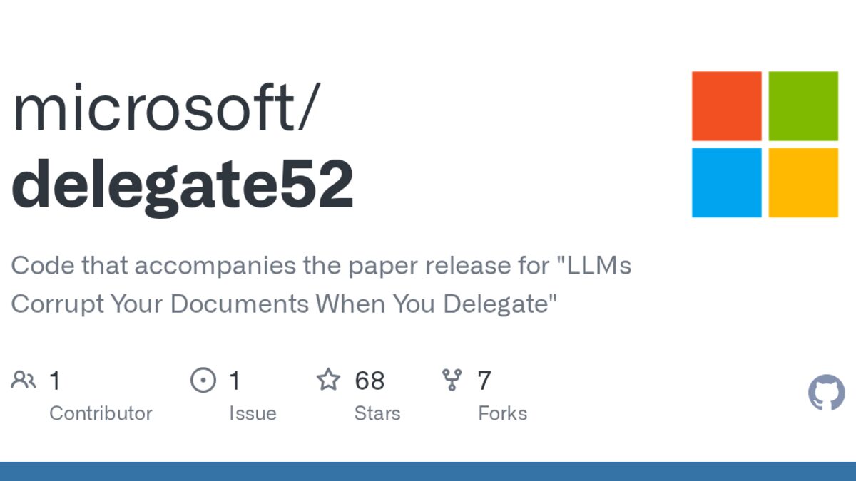 The DELEGATE-52 project repository on GitHub, showing Microsoft's benchmark for testing LLM document editing fidelity