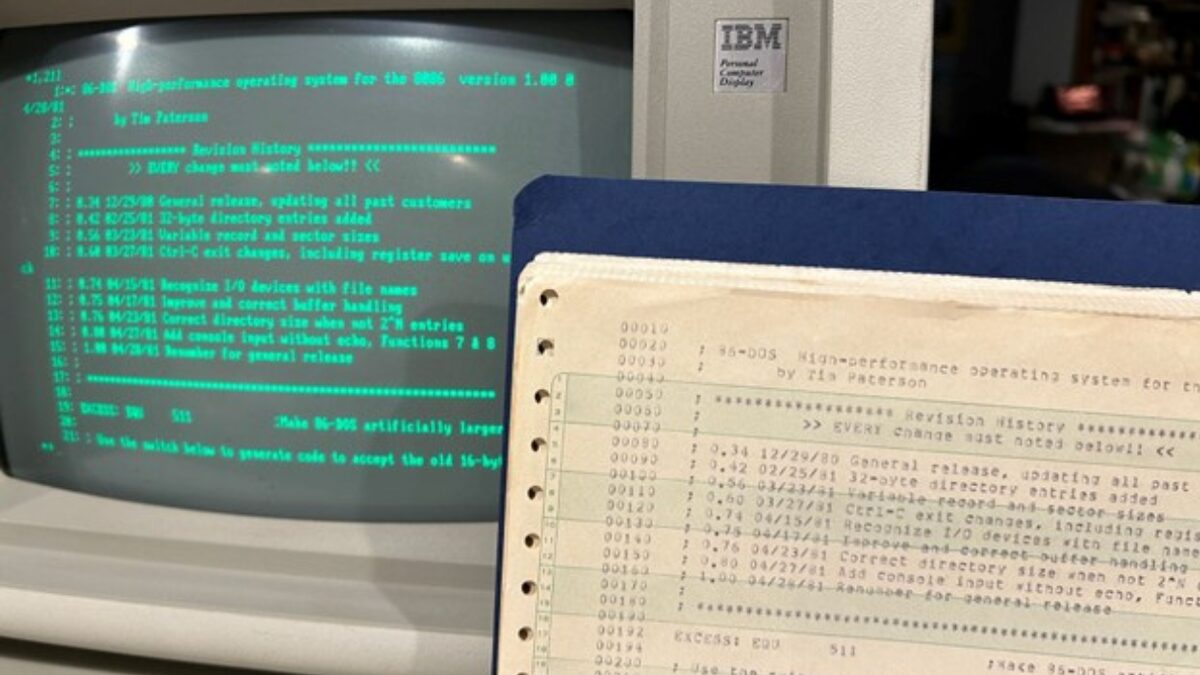 A page of the original 86-DOS 1.00 assembler listing showing handwritten changelist annotations