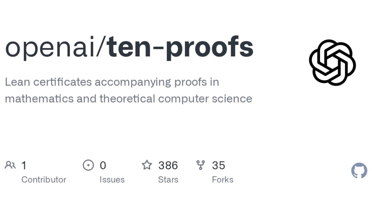 The GitHub social preview card for the openai/ten-proofs repository, described as Lean certificates accompanying proofs in mathematics and theoretical computer science, showing 386 stars and 35 forks.