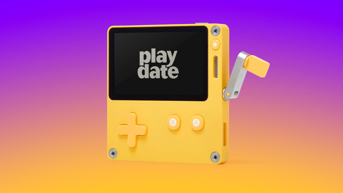 Panic Playdate handheld console with crank, branded social-card image