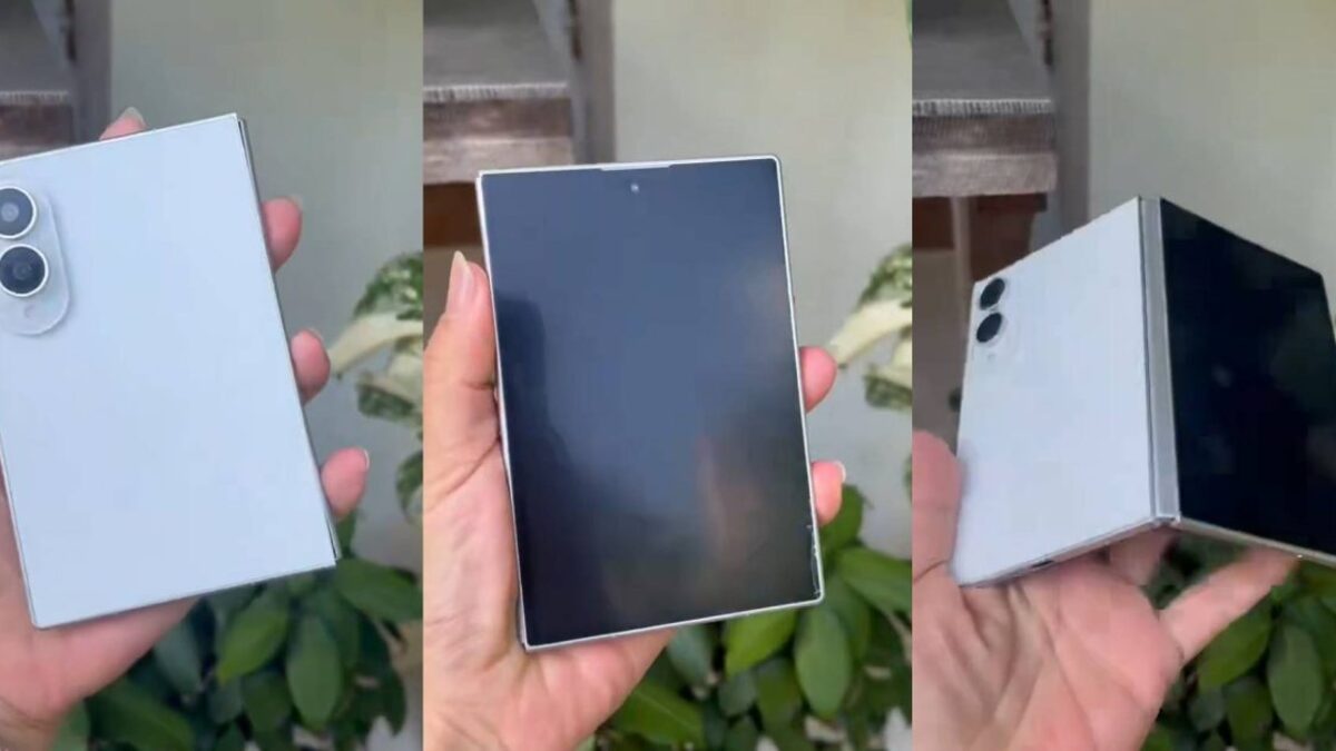 A leaked white dummy unit of the wider Galaxy Z Fold 8, shown folded to highlight its thin profile.