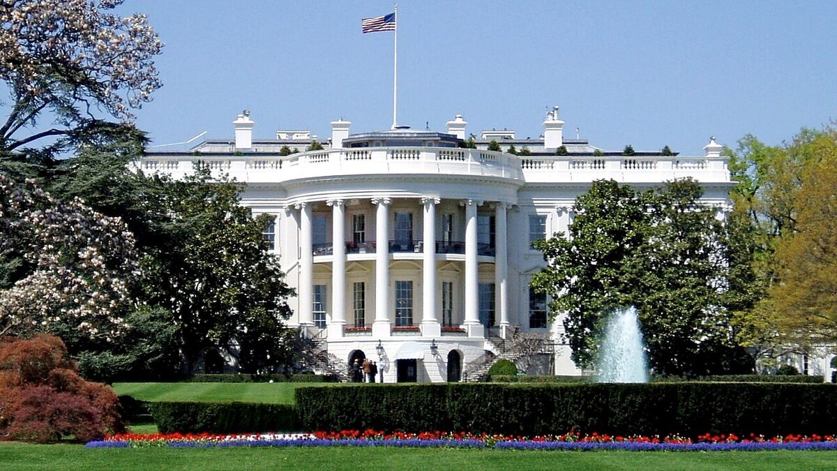 The South Facade of the White House in Washington, with the fountain and South Lawn in the foreground.