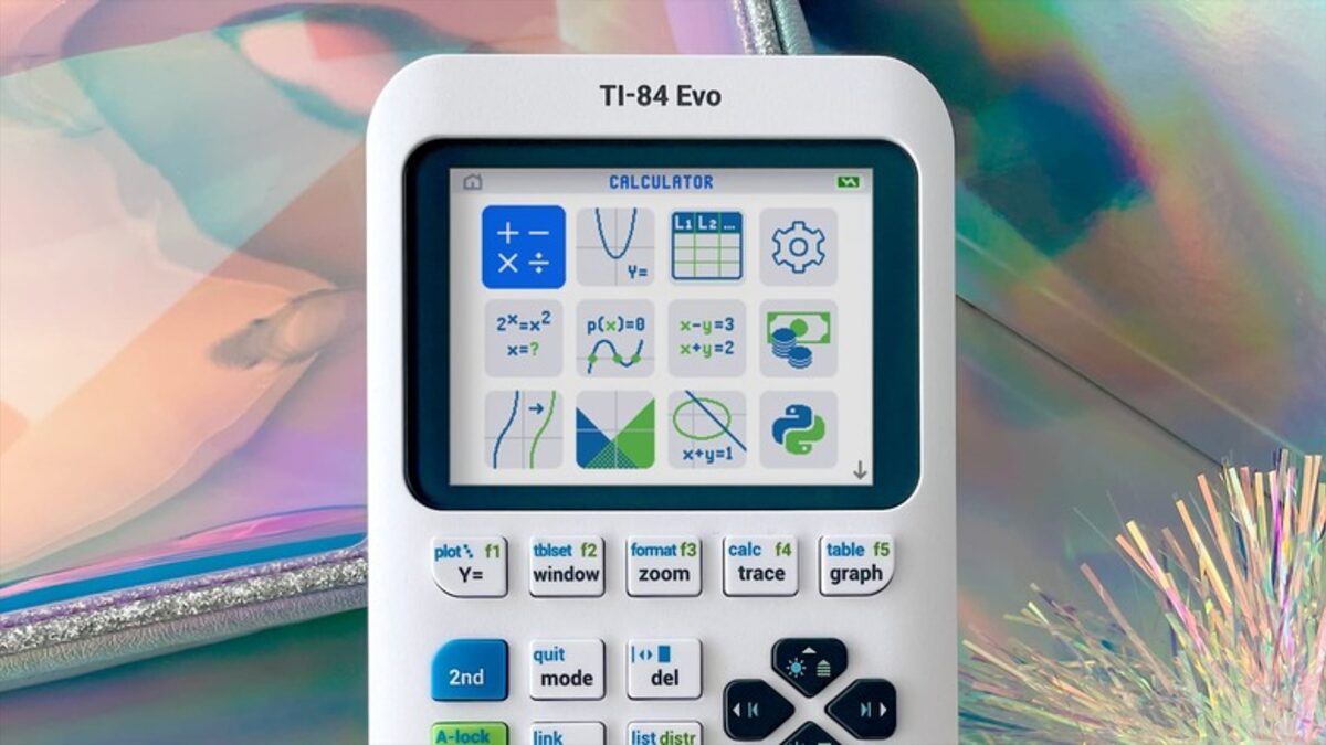 Texas Instruments TI-84 Evo graphing calculator on a white background, showing the redesigned keypad and color graphing screen.
