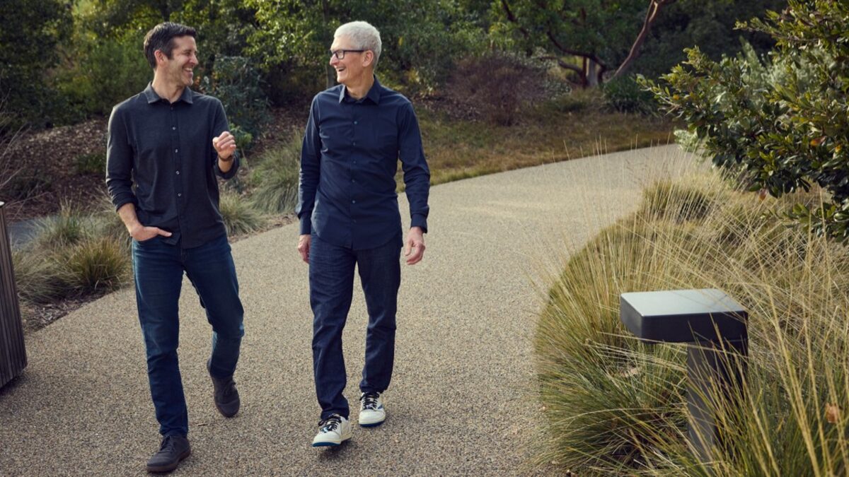 Tim Cook and John Ternus on stage at Apple Park.