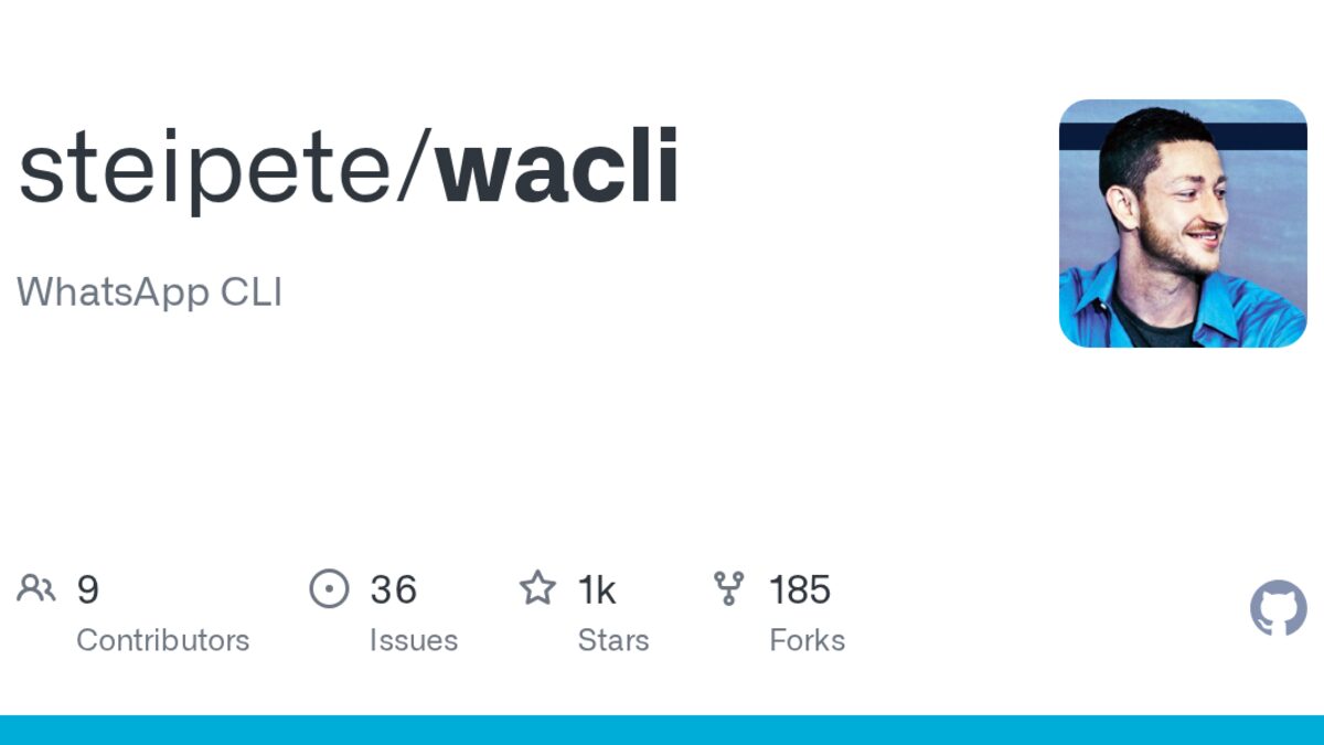 steipete/wacli GitHub repository card showing 1k stars and 178 forks