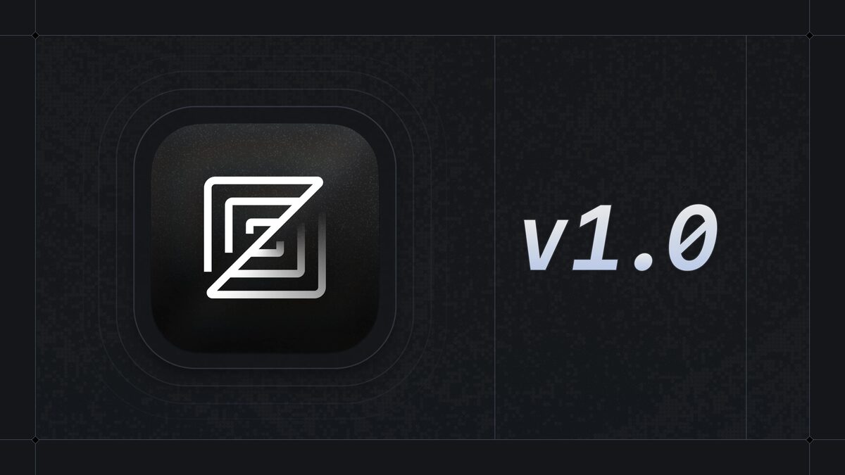 The Zed 1.0 launch graphic in dark mode with the Zed wordmark and a stylized cursor.