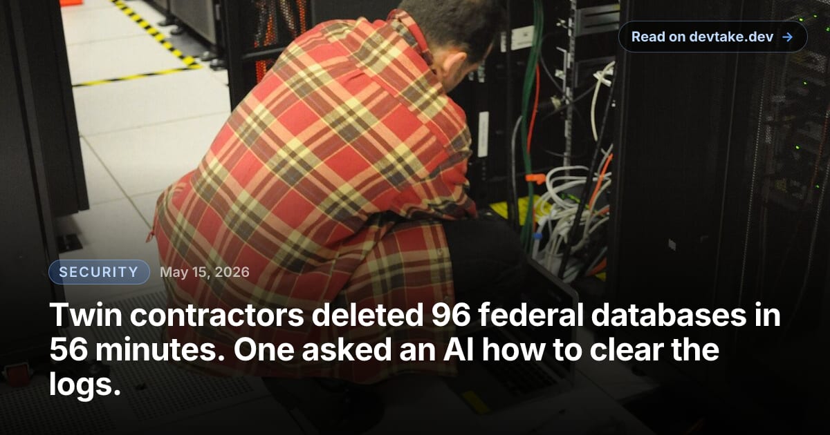 A technician at a server rack with a laptop, standing in for the SQL infrastructure Opexus ran for 45 federal agencies.