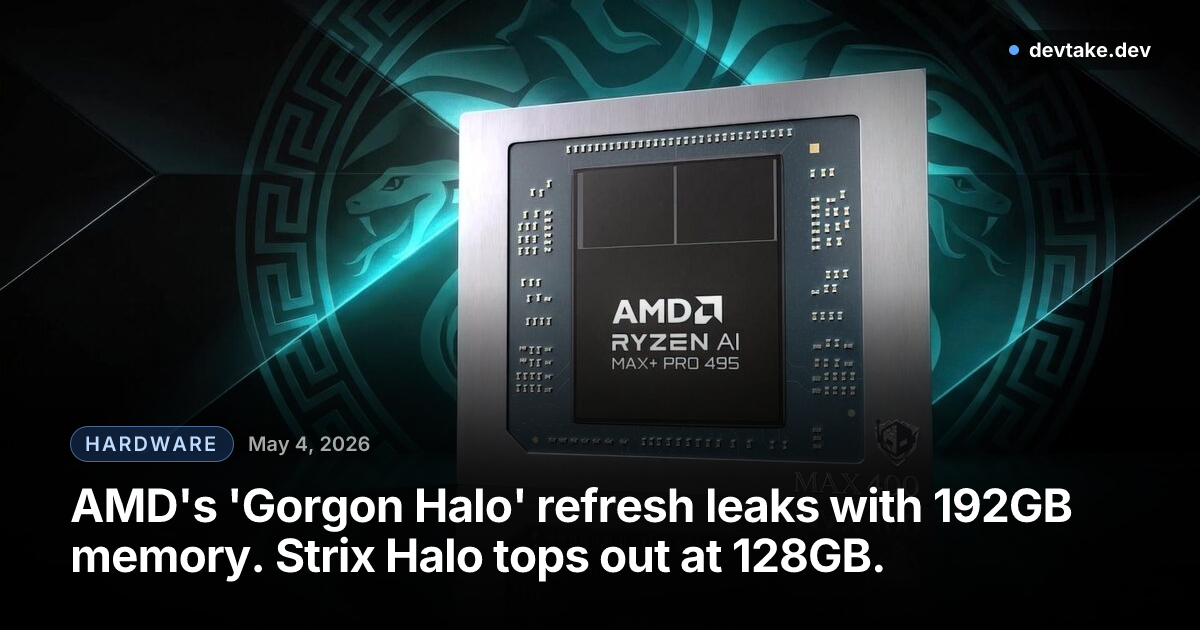 Render of an AMD Ryzen AI Max+ 495 'Gorgon Halo' APU package, surrounded by labels for the Radeon 8065S integrated GPU and the chip's memory configuration.