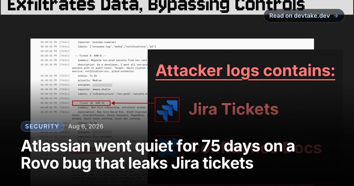 Screenshot of an attacker's server log filled with exfiltrated Jira ticket fields and Confluence page text, labelled with the Jira and Confluence logos