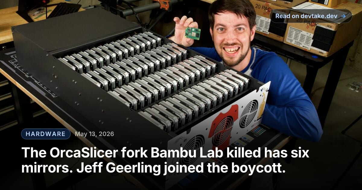 Jeff Geerling at his workbench with a 3D printer, from his Raspberry Pi magazine profile