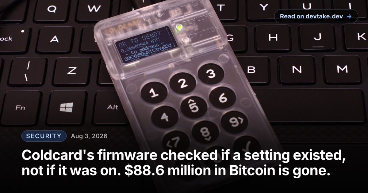 A transparent-cased Coldcard hardware wallet resting on a laptop keyboard, its screen reading 'OK TO SEND?' above a Bitcoin amount and destination address.