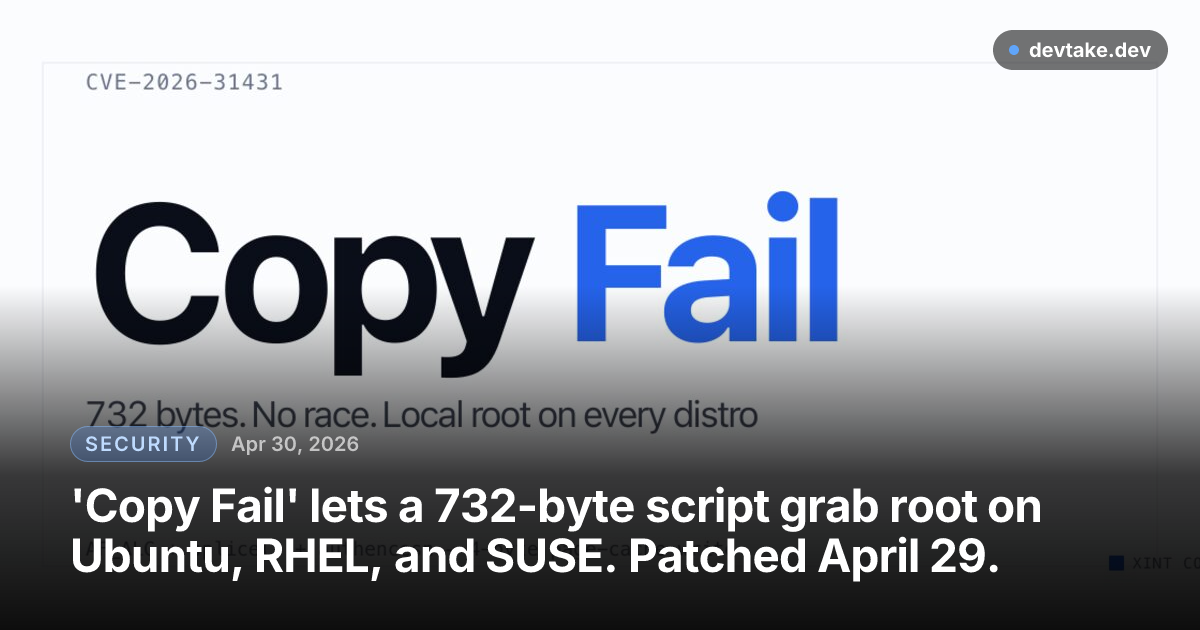 The Copy Fail launch graphic showing a stylized terminal prompt and the title text on a dark background.