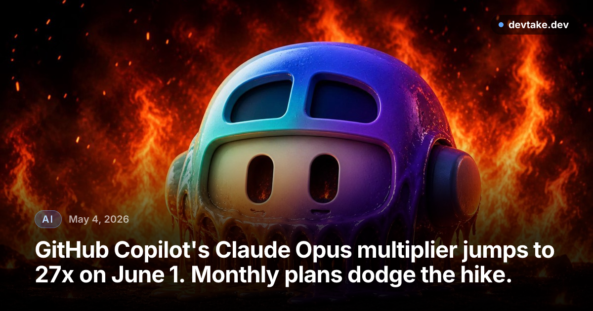 Stylized GitHub Copilot mascot melting into glowing puddles in front of a wall of flames — a visual metaphor for the steep multiplier hike on annual plans.