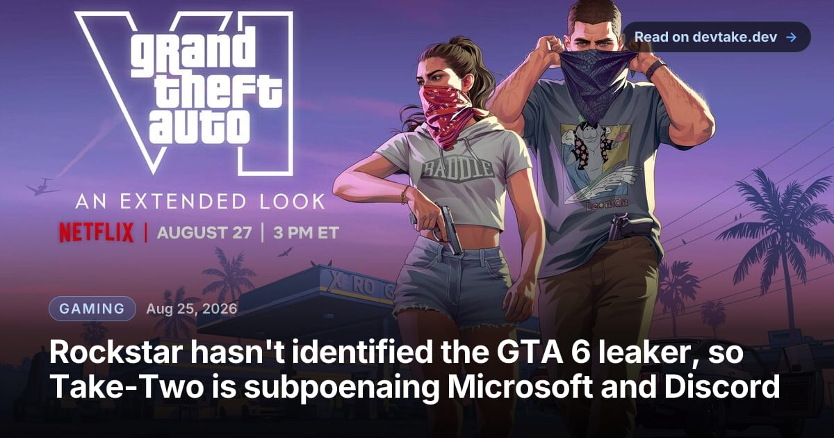Rockstar's key art for Grand Theft Auto VI: An Extended Look, showing the game's two leads pulling up bandanas outside a gas station at dusk, captioned Netflix, August 27, 3 PM ET.