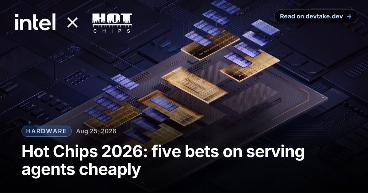 Intel and Hot Chips co-branded render of a multi-chiplet processor package, gold compute tiles and blue memory tiles mounted on a dark substrate