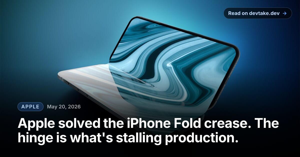 A concept render of a foldable iPhone open on a desk, showing the interior display and hinge mechanism.