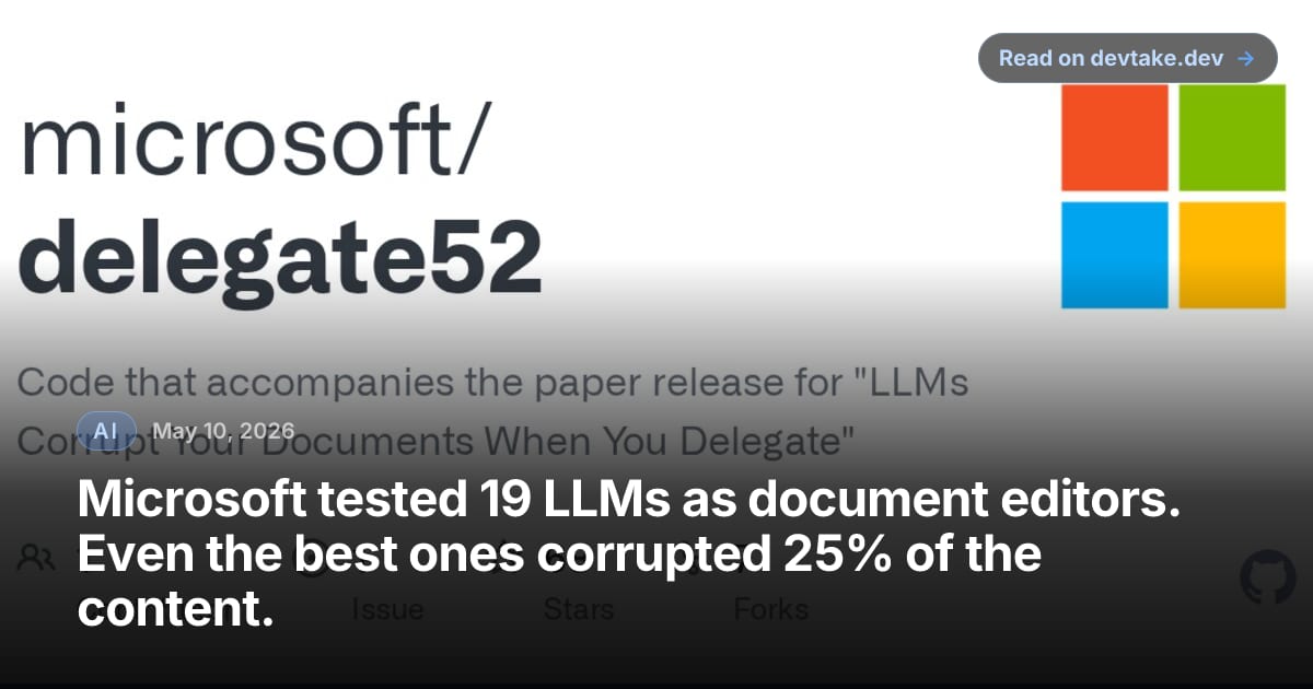 The DELEGATE-52 project repository on GitHub, showing Microsoft's benchmark for testing LLM document editing fidelity