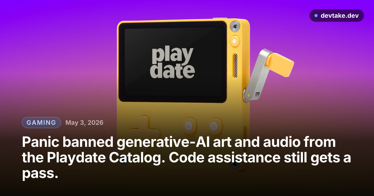 Panic Playdate handheld console with crank, branded social-card image
