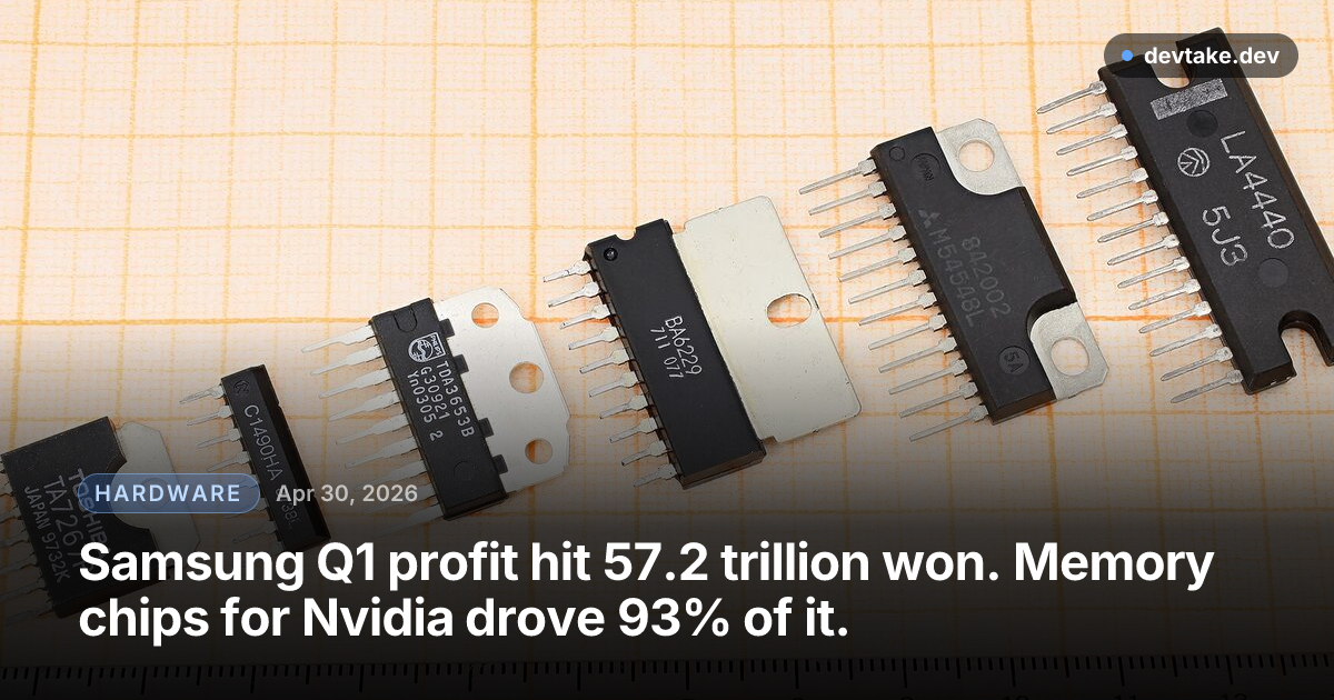 Close-up of integrated-circuit packages on a circuit board, illustrating the memory and SoC products driving Samsung's chip results.