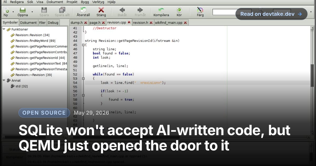 A source-code editor open to C++ code, evoking the debate over AI-written contributions to open source